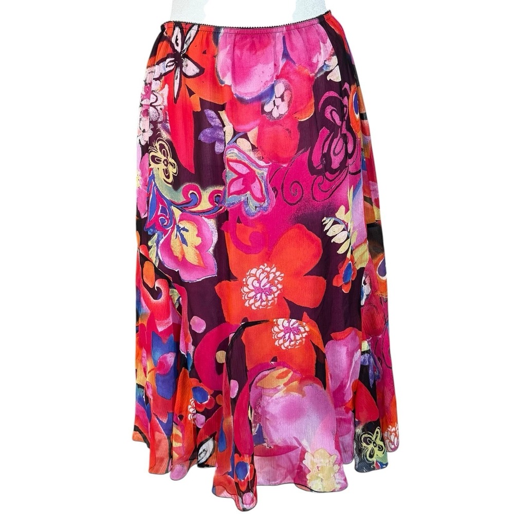 Vtg 90s Y2K 100% Silk Floral Whimsigoth Midi Skirt Fairy Boho Chicos Sz 1 S/M